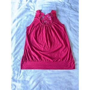 Agenda Womens Berry Red Crochet Lace Neck Sleeveless Tank Top Banded Hem Medium